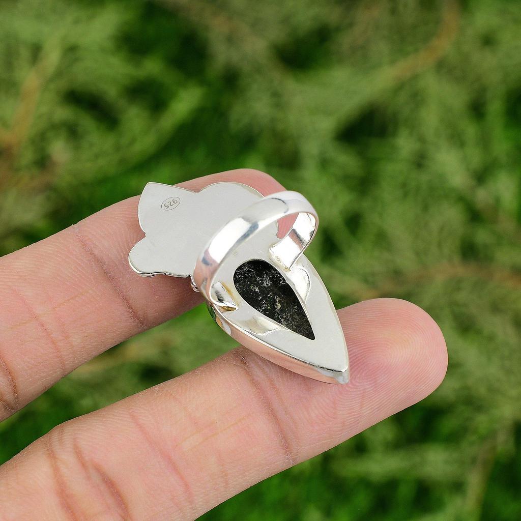 Gift For Her Natural Green Sunstone Statement Ring Size 7.25 925 Silver