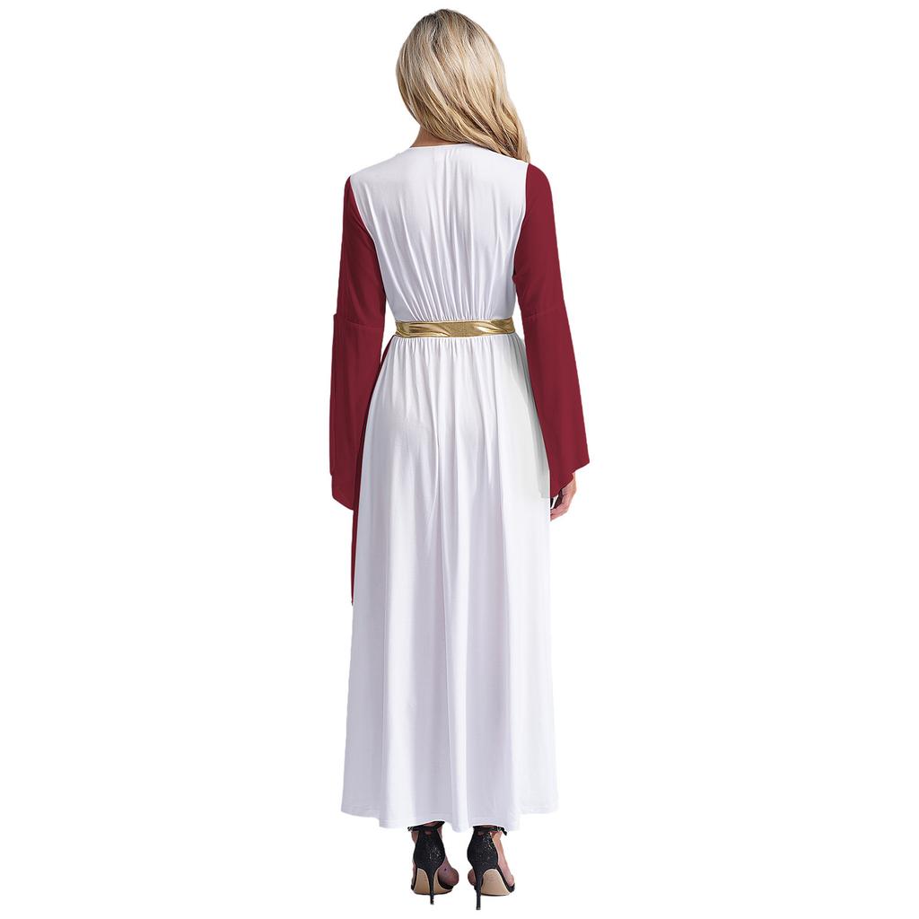 Womens Greek Costume Roman Queen Princess Ancient Toga Gown V Neck Long Sleeve Contrast Fancy Dress