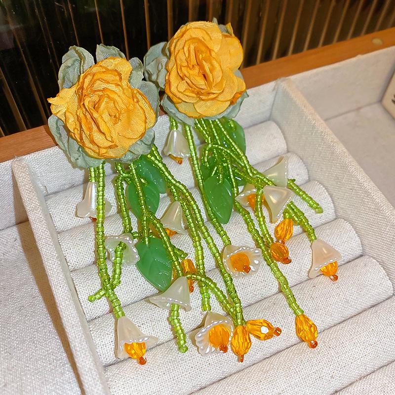 

Sterling Silver Lily Tassel Earrings - Mori Girl Sweet Style, Fresh Color Block Design