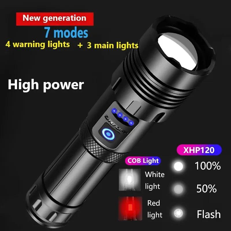Powerful LED Flashlight XHP120 Rechargeable Portable Tactical Torch Super Bright Camping Outdoor Search and Adventure Flash Lamp