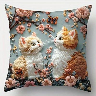 Cute Kittens Flowers With Butterflies Pillow Pattern Cushion Cover Suitable For Sofa Bedroom Car Pillow Cover
