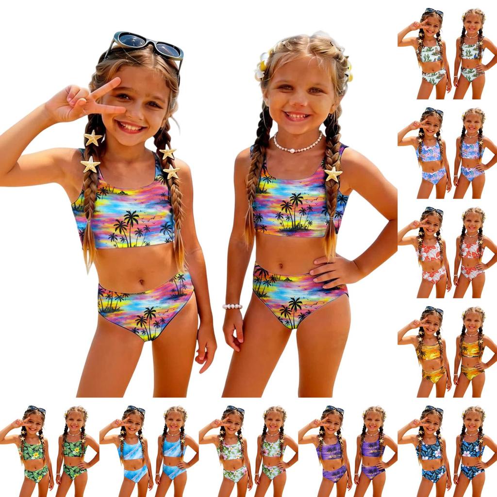 Girls Two Piece Swimsuit Set Hawaiian Print Tankini Top and High Waist Bottom Summer Beach Swimwear for Kids