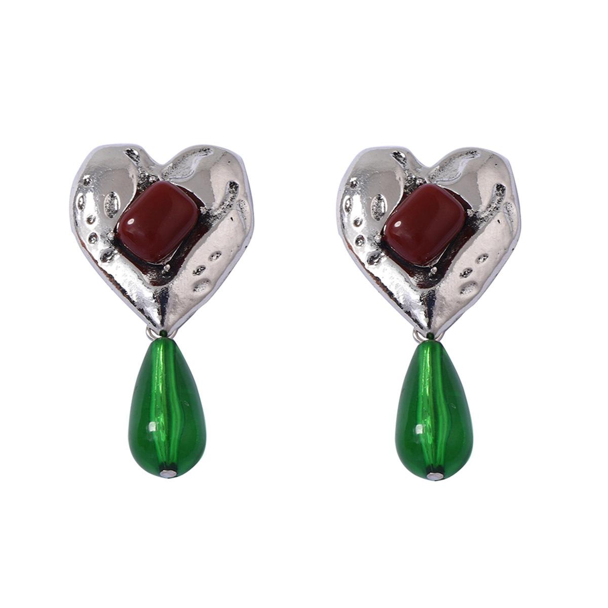 

Exaggerated Retro Heart Gemstones Green Water-drop Resin Dangle Earrings for Women Temperament Court-style Stud Earrings Jewelry
