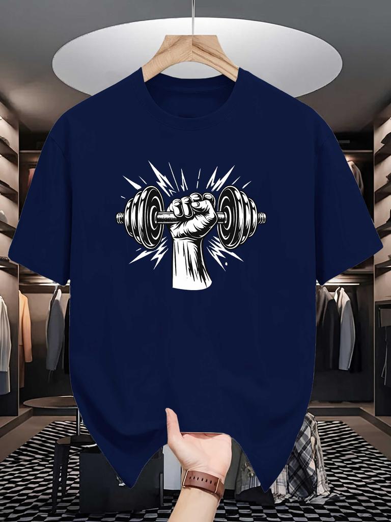 Unisex Crew Neck Tee Fitness Dumbbell Hand Print Soft Cotton Loose Breathable Short Sleeve Summer Gym Casual Daily Street Wear Tops