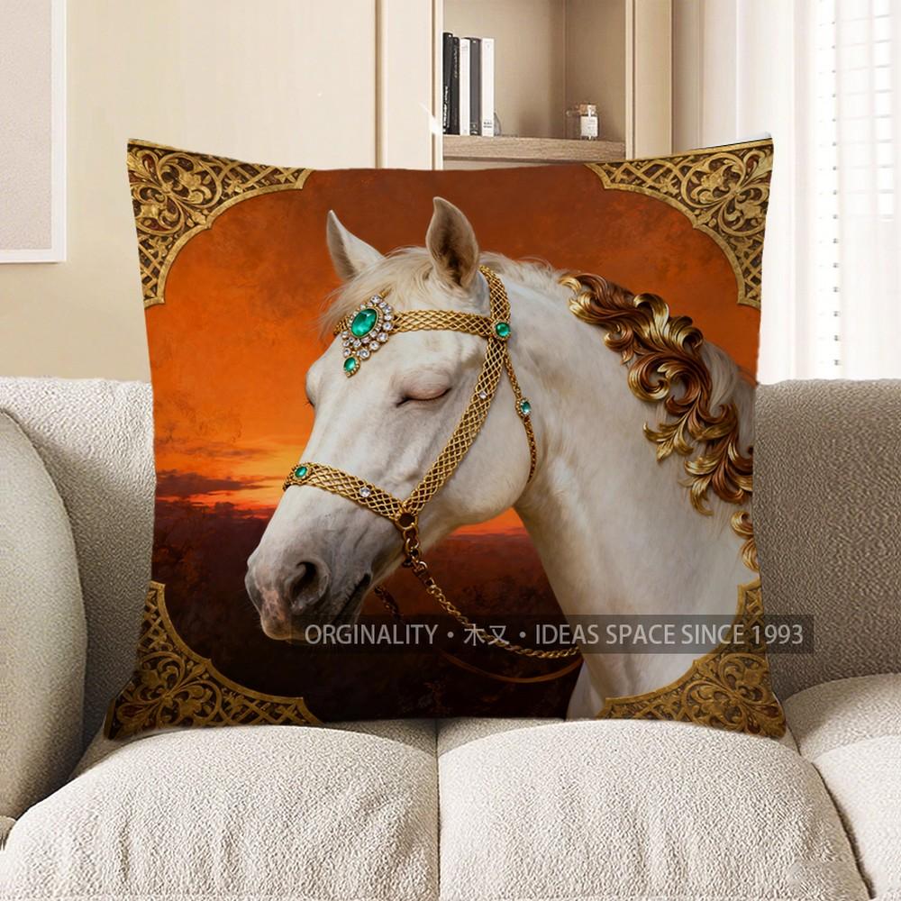 2D Elegant White Horse With Gem-Embellished Harness Pillow Pattern Cushion Cover Suitable For Sofa Bedroom Car Pillow Cover