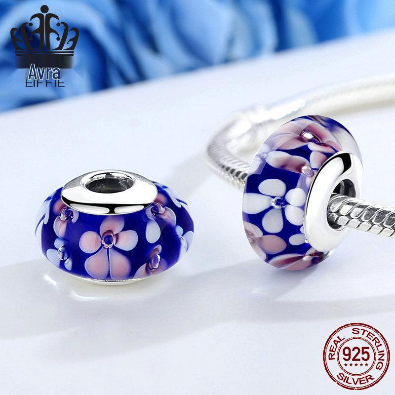Everly Blue Plum Blossom S925 Sterling Silver DIY Glass Beaded Bracelet SCZ047