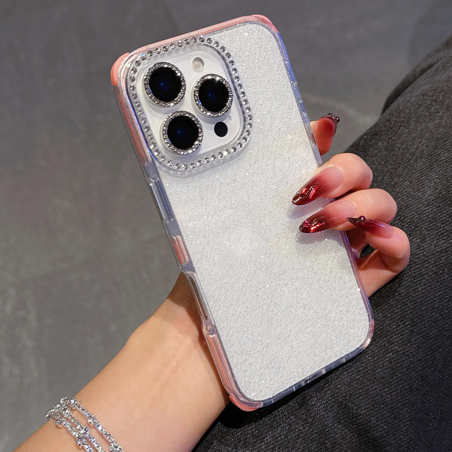 

For iPhone 16 Pro Case Rhinestone Decor Glitter TPU Anti Drop Phone Cover Pink
