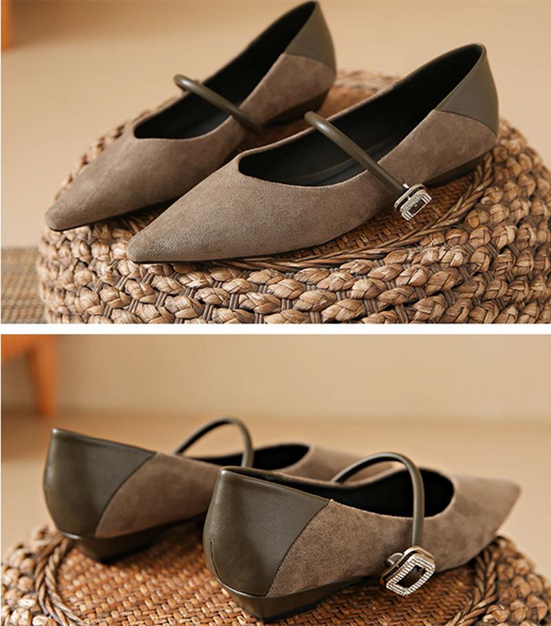 Fashion Elegant Wedge Heel Mary Jane Shoes Women Sexy Pointed Toe Metal Buckle Strap Design Flats Comfortable Faux Suede Women Footwear