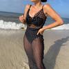 2026 New Women's Mesh Backless Lace-Up Maxi Dress, Casual Polka Dot Bikini Cover-Up For Beach Vacations