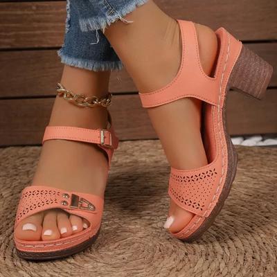 Fashion Women's Shoes 2024 New High Heels Women's Sandals Retro Casual Sandals Women Metal Decoration Buckle Strap Plus Size Shoes Women