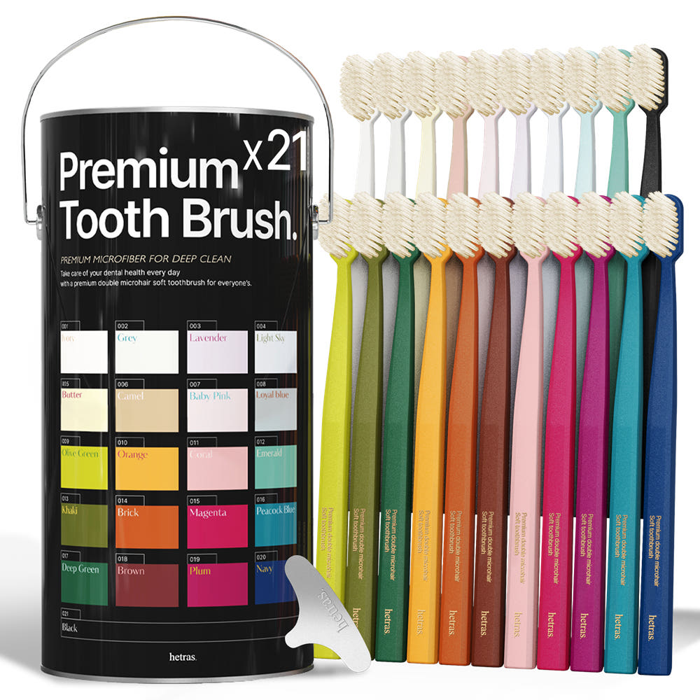 HETRAS Premium Toothbrush 21pcs Soft Dual Fine Bristles with Tongue Cleaner & Toothbrush Caps