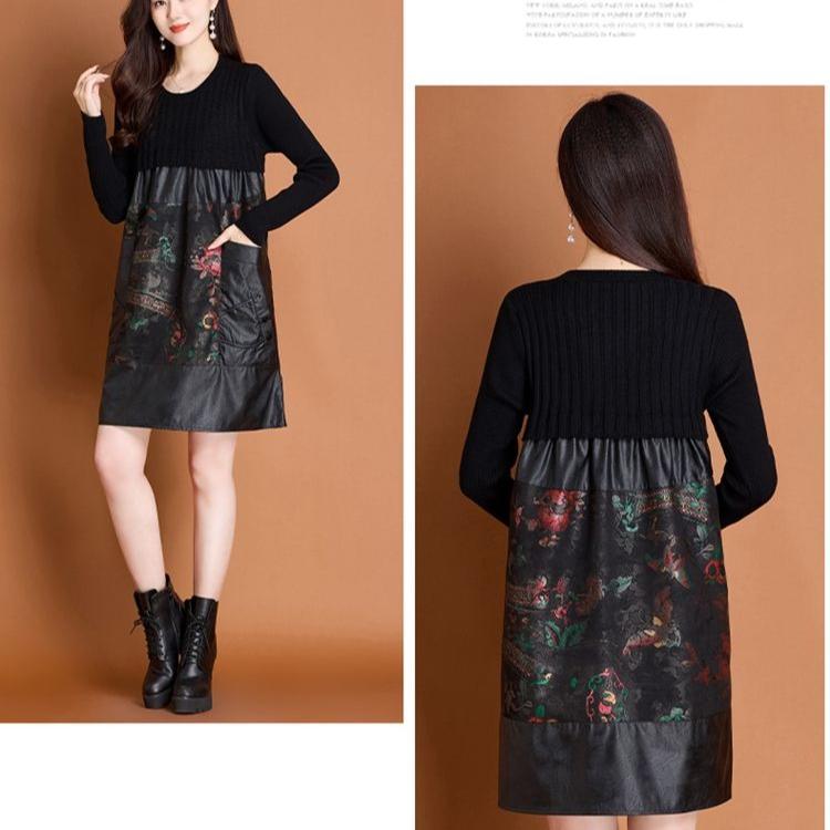 Autumn Winter Women's Sweater Dress Knitted Patchwork PU Leather A-Line Dress Plus Size Knitted Dress