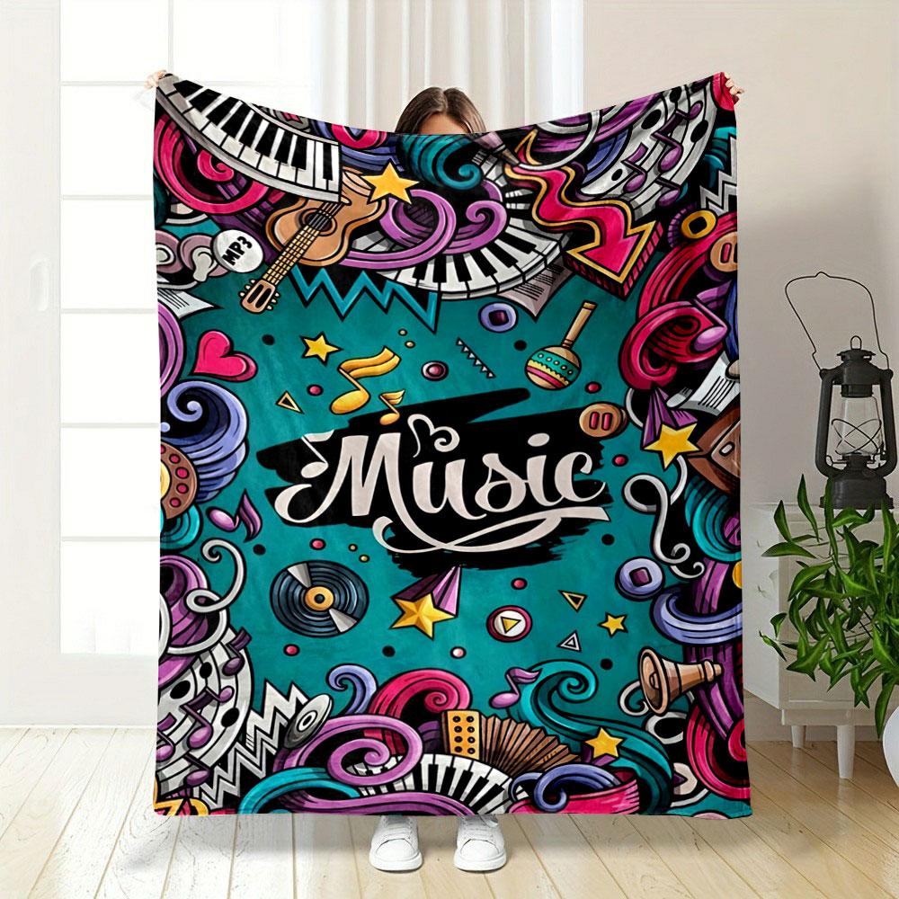 Colorful Music-themed Doodles with Instruments, Notes, and Music Text. for All Seasons Blanket Lunch Break Throw Gift 75X95CM
