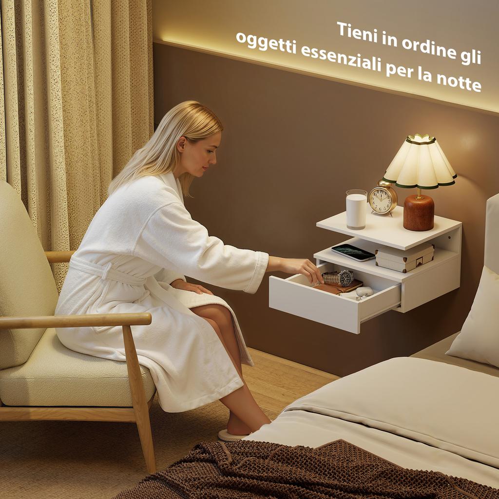 Set of 2 Floating Nightstands, Drawer and Open Shelf, 35x32x22.5 cm, White
