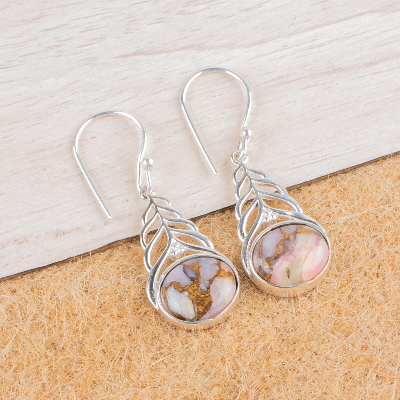 

Pink Copper Turquoise Gemstone 925 Sterling Silver Jewelry Hook Earrings 1.64 CE-1-38