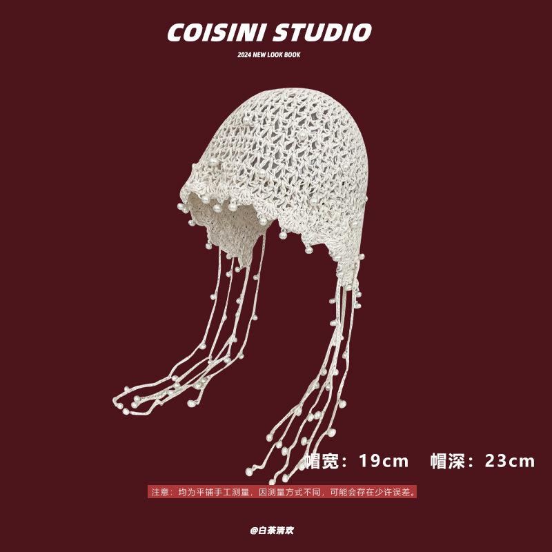 

Модная ручная работа, ажурная шапка Баотоу, женская вязаная крючком шапка в этническом стиле с кисточками и ремешком на рукаве M（56-58cm）