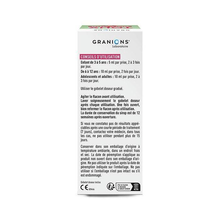 GRANIONS SIROP TOUX - 4 En 1 - Toux Sèche Et Grasse - Dès 3 Ans - Sans Sucres - Formule Naturelle - Goût Fraise-Citron