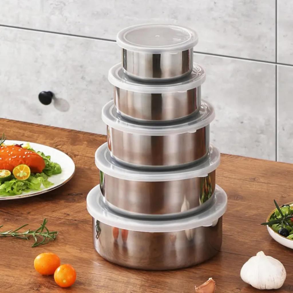 5 Stück Lebensmittel-Aufbewahrungsbox, Edelstahl-Lebensmittelbehälter mit auslaufsicherem Deckel, wiederverwendbare Crisper-Box, Schüssel für Zuhause