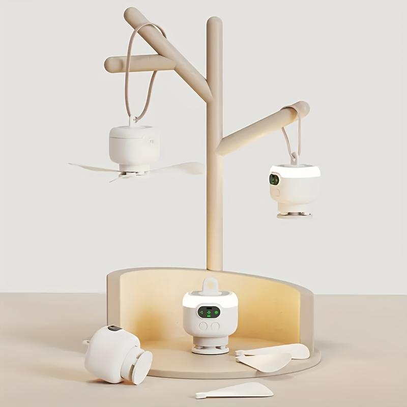 Přenosný stropní ventilátor s USB dobíjecím zdrojem a LED světlem, baterie 8000 mAh, dálkové ovládání, bílý, lehký plast, přenosný ventilátor