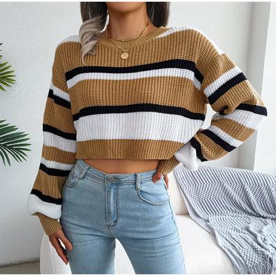 Frauen Herbst Winter O Hals Langarm Striped Crop Lose Stricken Pullover