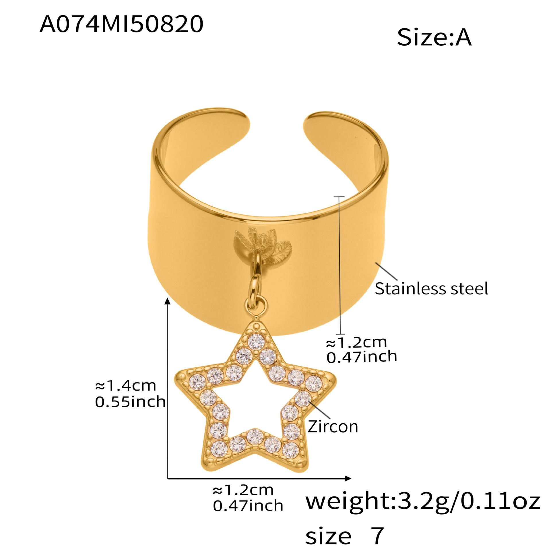 Qiong Yao Eco-friendly Zircon Star Open Ring - Stainless Steel, Wide Band