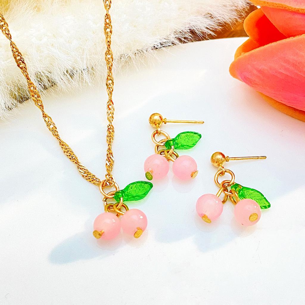 Red Sweet Cherry Clavicle Chain Necklace and Earrings Women's Summer Fashion Green Leaf Pink Cherry Fruit Pendant Zircon Set