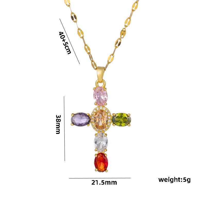 New Copper Micro Zirconia Necklace Multi-coloured Cross Pendant Hip Hop Necklace Collar Bone Chain Women's Necklace