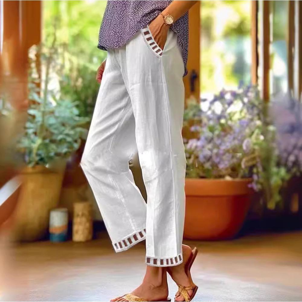 

Винтажные повседневные брюки из хлопка и льна с эластичной талией и праздничным дизайном 2XL белый