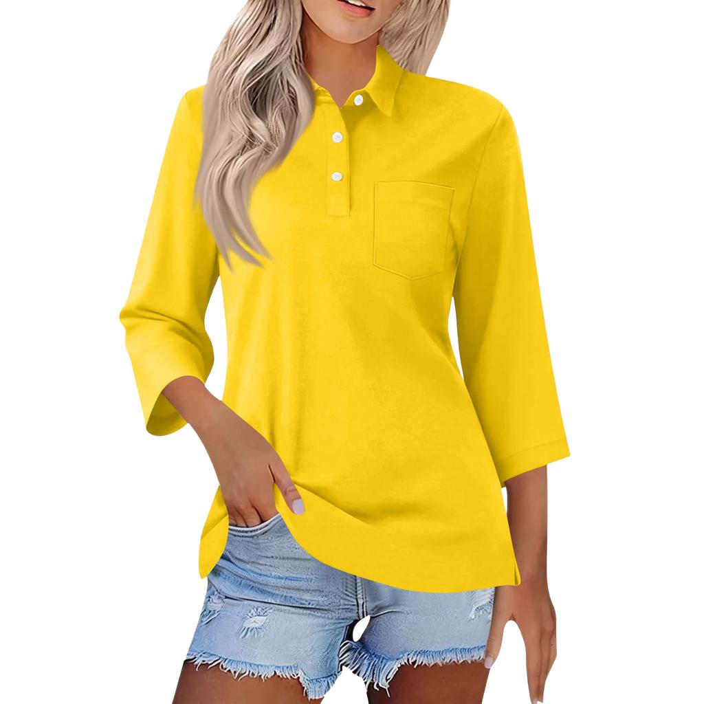 Damen Mode Lässig Revers Kurz 3/4 Ärmel Farbe Hemd Damen Knopfleiste Oberteile