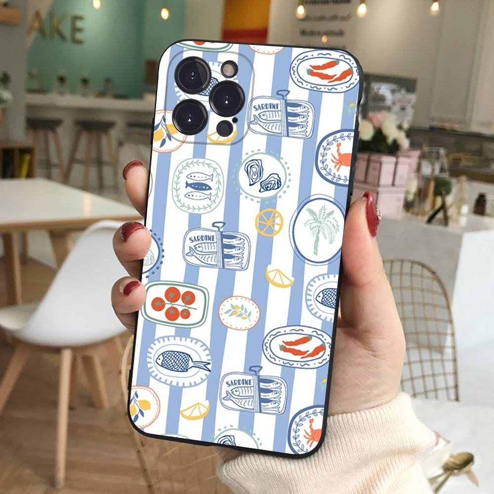 Silikonowe Etui na Telefon Sardynki Dla IPhone 11 12 13 14 15 16 17 Pro Max Czarne Pokrowiec