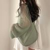 Spring Summer Long Sleeved Knitted Sunscreen Shirt See Through Retro Casual Simple Loose Hollow Out Thin Blouse V Neck Solid Color Top Clothing
