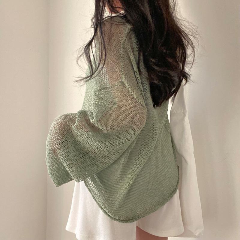 Spring Summer Long Sleeved Knitted Sunscreen Shirt See Through Retro Casual Simple Loose Hollow Out Thin Blouse V Neck Solid Color Top Clothing