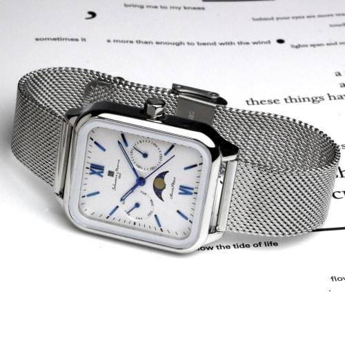 Salvatore Mara Watch Moon Phase Square Square Multi Calendar Business Formal Men's Stainless Steel Mesh Belt Limited Model Silver White SM24112-SSWHM