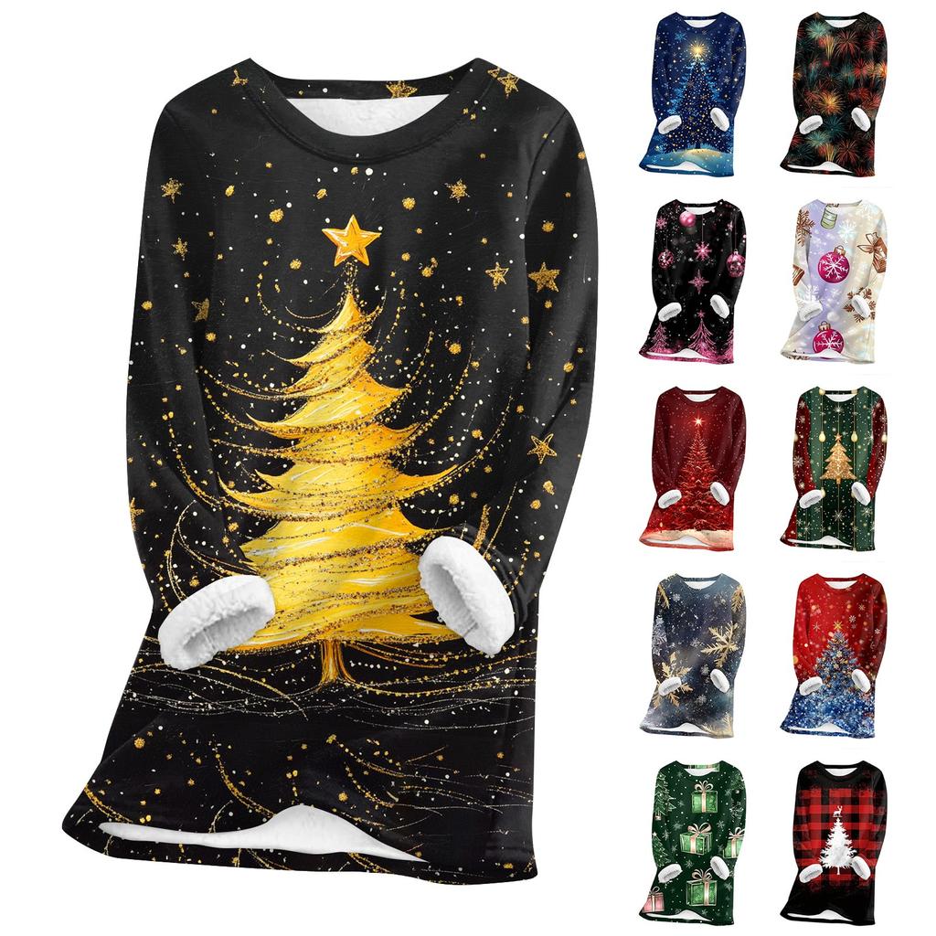 Women's Round Neck Top Printing Thickened Plush Cashmere Warm Long Top