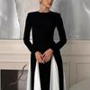 Fall Winter New European American Women's Clothing, Crew Neck Colorblock Long Sleeve High Waist Slim Elegant Vintage Evening Dress