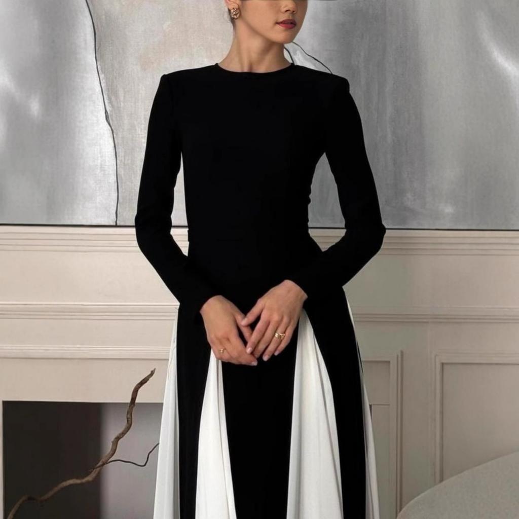 Fall Winter New European American Women's Clothing, Crew Neck Colorblock Long Sleeve High Waist Slim Elegant Vintage Evening Dress