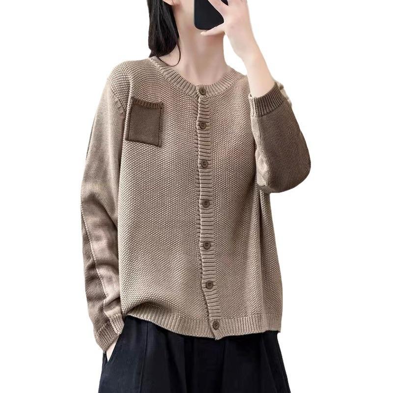 Round Neck Knitted Cardigan for Women Outerwear with Single Breasted Sweater Jacket