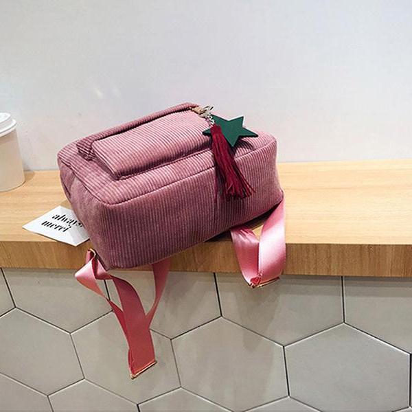 Women School Soulder Bag Tassel Corduroy Backpack Preppy Style Knapsack