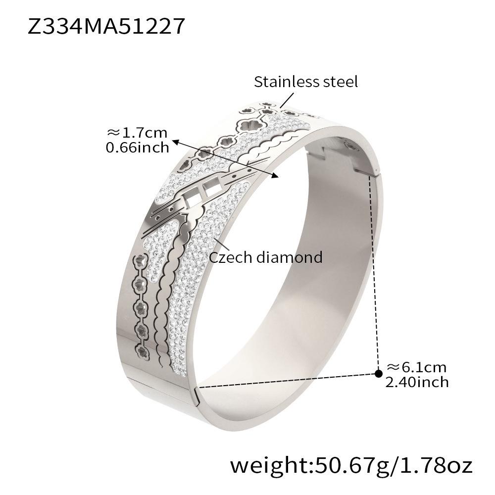 18K Gold Plated Honeycomb Pattern Stainless Steel Wide Bracelet with Zirconia Inlaid - European & American Fashion.