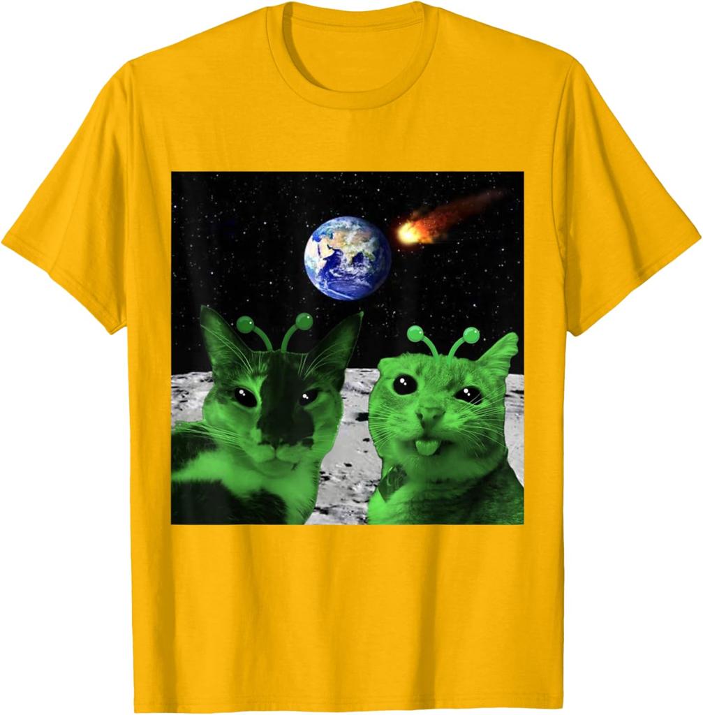 Alien Cats Moon Meteor Earth Invasion Graphic Tee Men's Casual Cotton T-Shirt