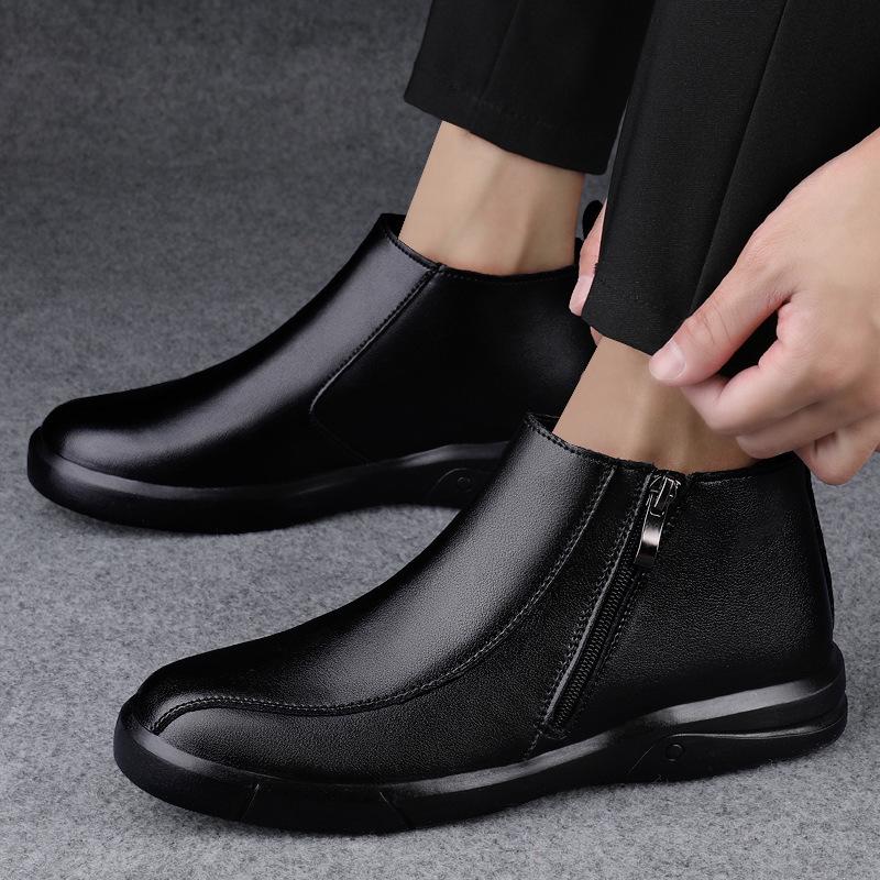 Men's Genuine Leather High-Top Zipper Ankle Boots with Velvet Lining – Warm, Casual, Cotton, Slip-On, Autumn/Winter.