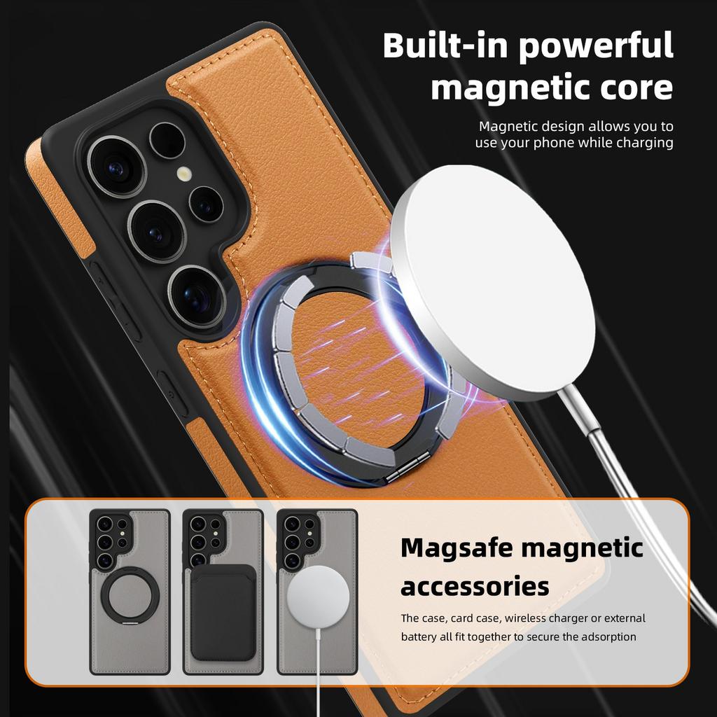 For Samsung Galaxy S25 Ultra Case with Ring Kickstand Magnetic Case PU Leather Back Cover