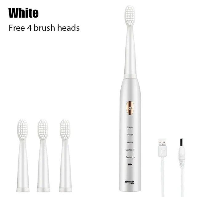 

Классическая электрическая зубная щетка для взрослых, 5-ступенчатый режим, зарядка через USB, 4 цвета, Ipx7, водонепроницаемая ультразвуковая перезаряжаемая зубная щетка с мягкими волосами 4 head White