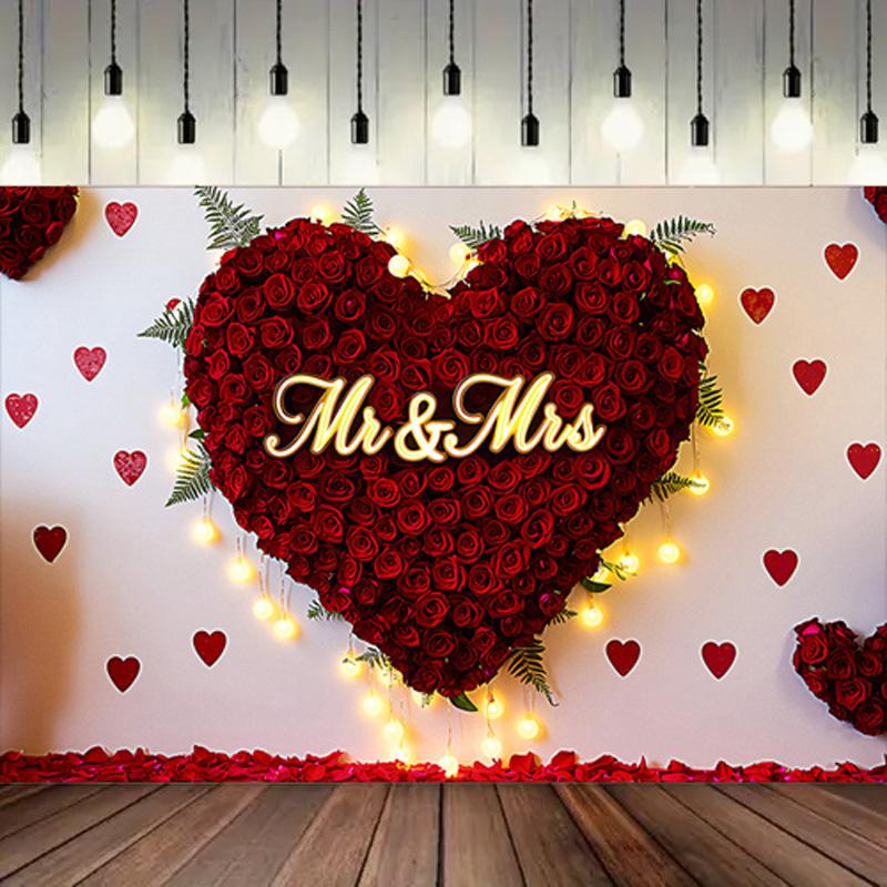 Mr & Mrs Wedding Backdrop with Red Rose Heart Design,Photo Background,Wall Decor,Party Supplies,Anniversary Backdrop,Reusable Wedding Decor