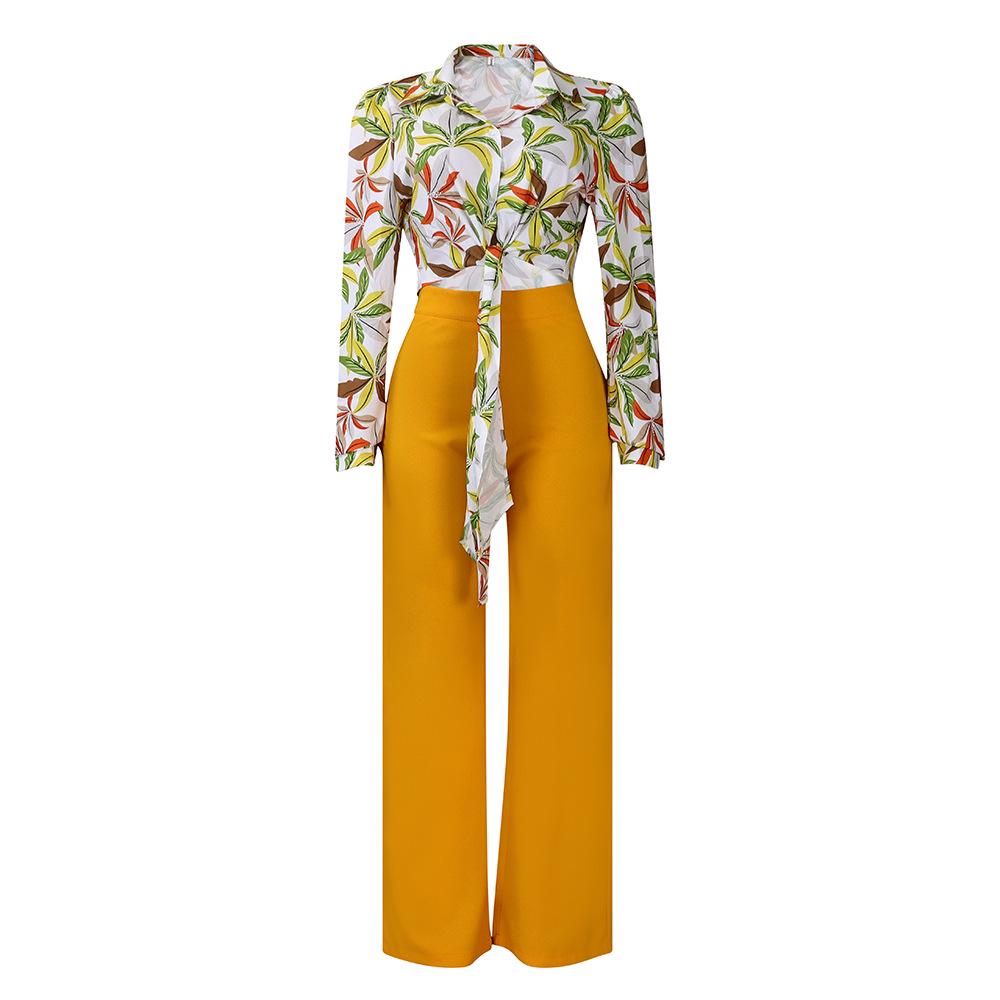 

European & American Women s Autumn Print Two-Piece Set: Turn-Down Collar Long Sleeve Shirt & Wide Leg Pants L жёлтый