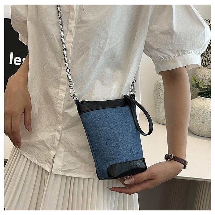 Ielgy Fashion Casual Bucket Bag Trendy All-Match Denim Shoulder Bag High-End Simple Cross-Body Bag