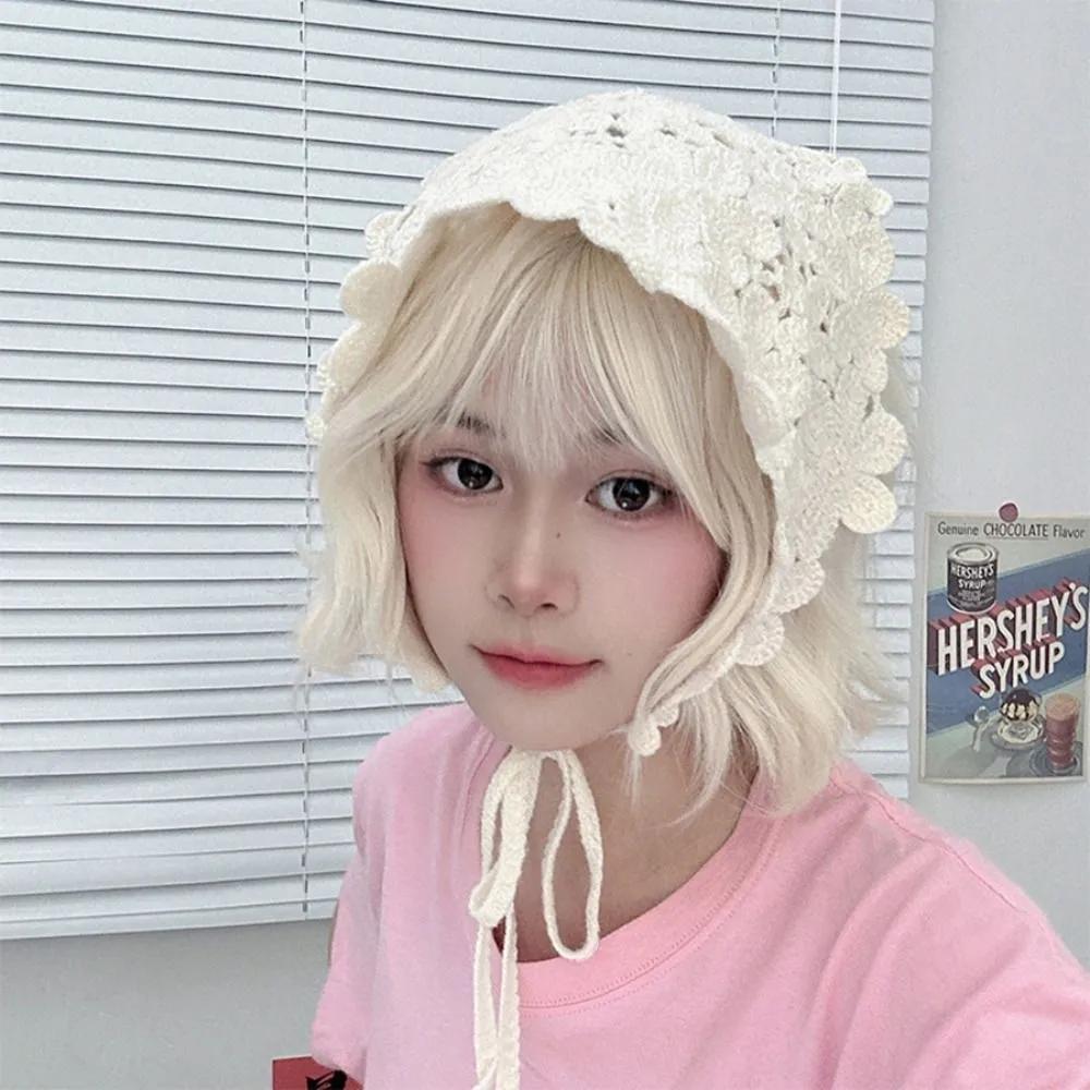 Floral Hair Bandana / Triangle Knit Spring/Summer Scarf Kerchief Bonnet ivory