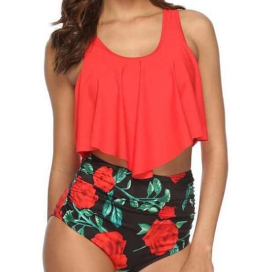 2 Stück/Set Badeanzug U-Ausschnitt Rückenfrei Fließender Saum Schwimm-Tops Blumendruck Hohe Taille