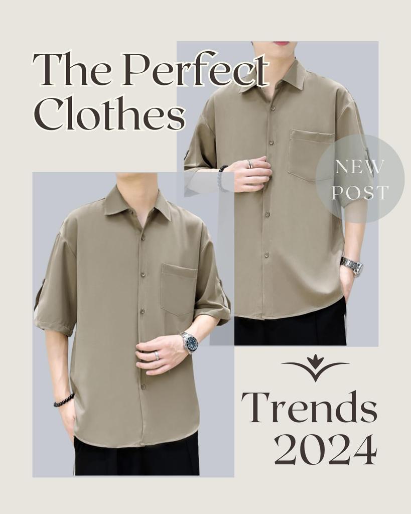 Summer Short Loose Ice Solid 3XL [foveitaa] Men's Shirt, Sleeve, 3/4 Sleeve, Fit, Silk, Cool, Stylish, Business, Casual, Simple, Stylish, Comfortable,