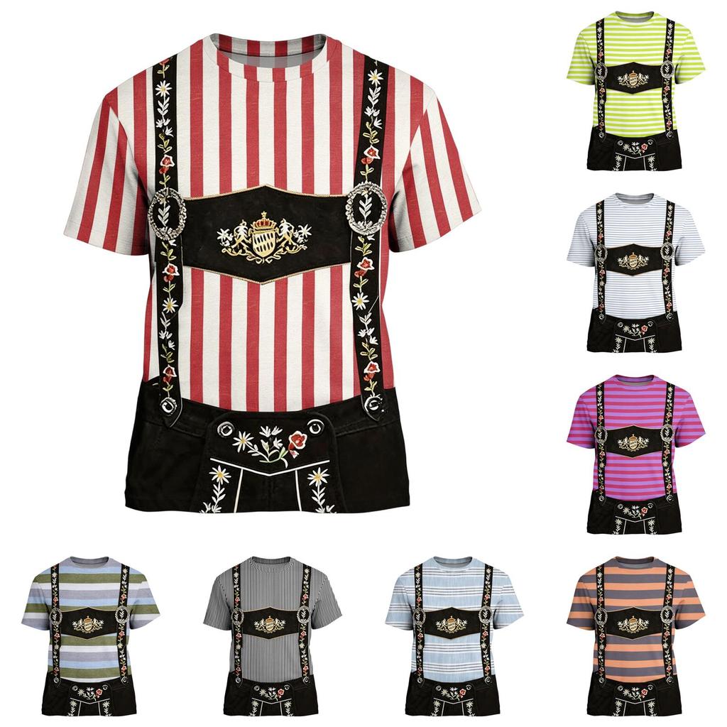 T-shirt da uomo per l'Oktoberfest con stampa testurizzata vintage, manica corta, vestibilità larga, casual, estiva, per uso quotidiano, top con bretelle grafiche e ricami